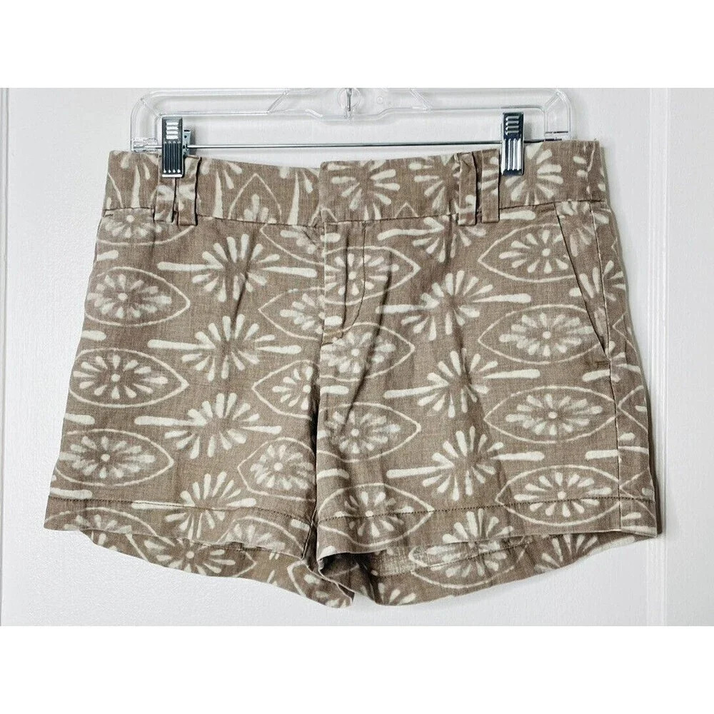 Ann Taylor Loft Womens Sz 4 Chino Shorts Linen Cotton Blend Tan Grometric